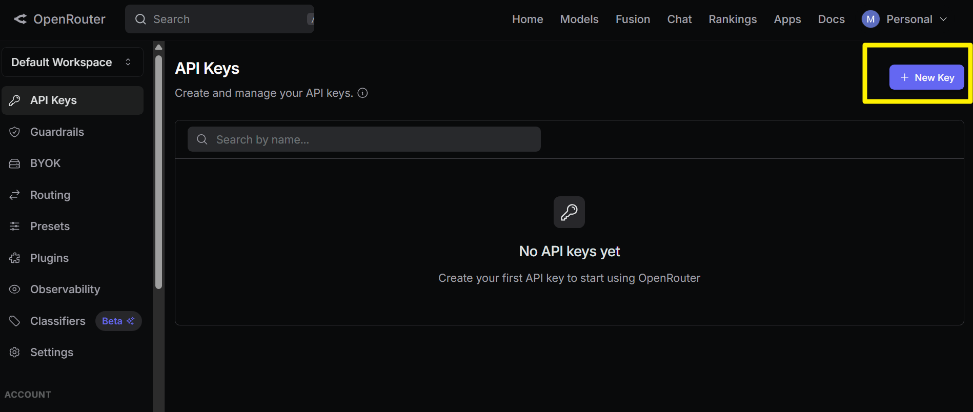 OpenRouter API Keys 頁面,點 New Key